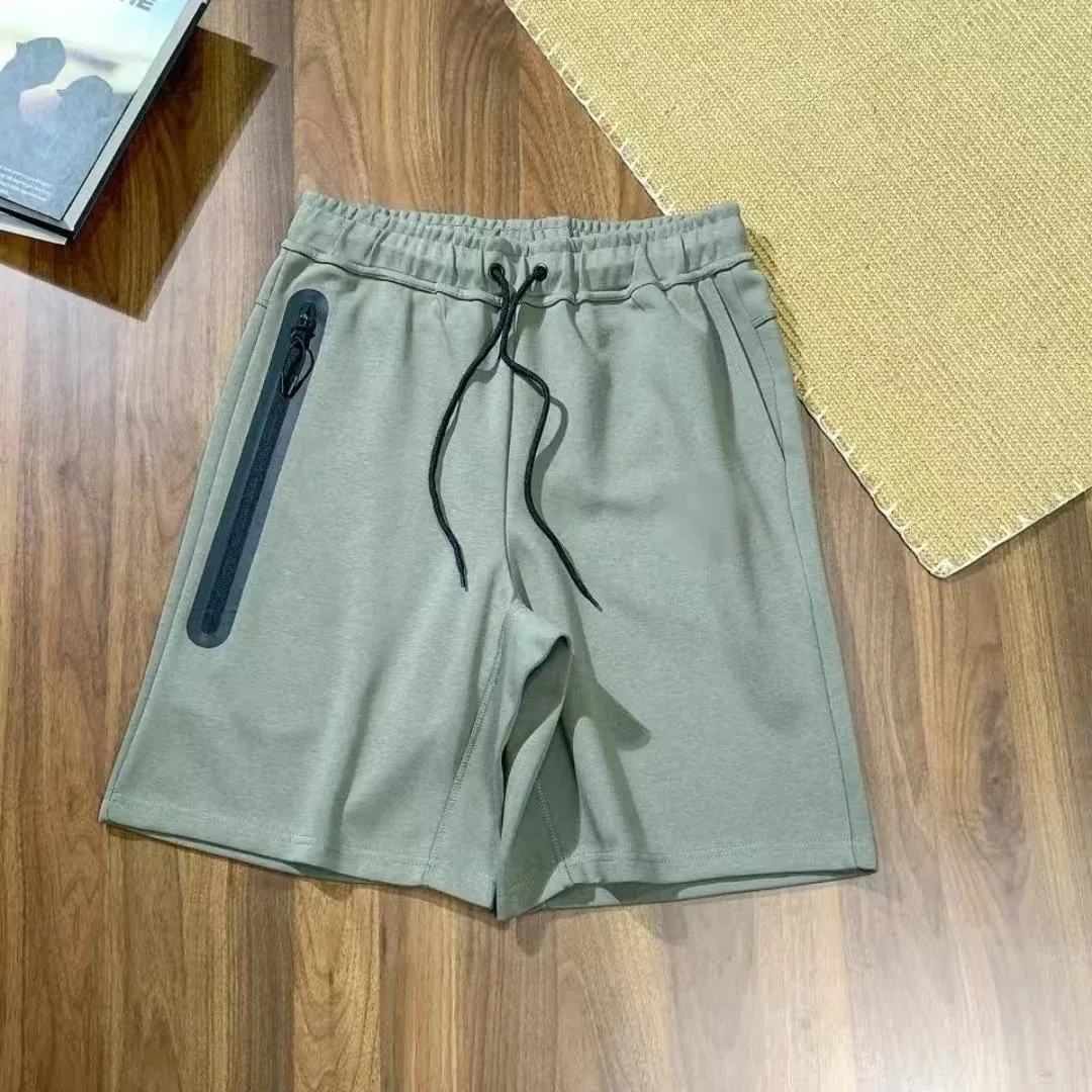 Olive Green Zipper Detail Drawstring Shorts