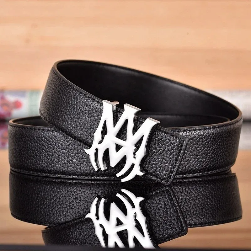 MMY MMY Black Lychee Grain Silver Buckle Belt