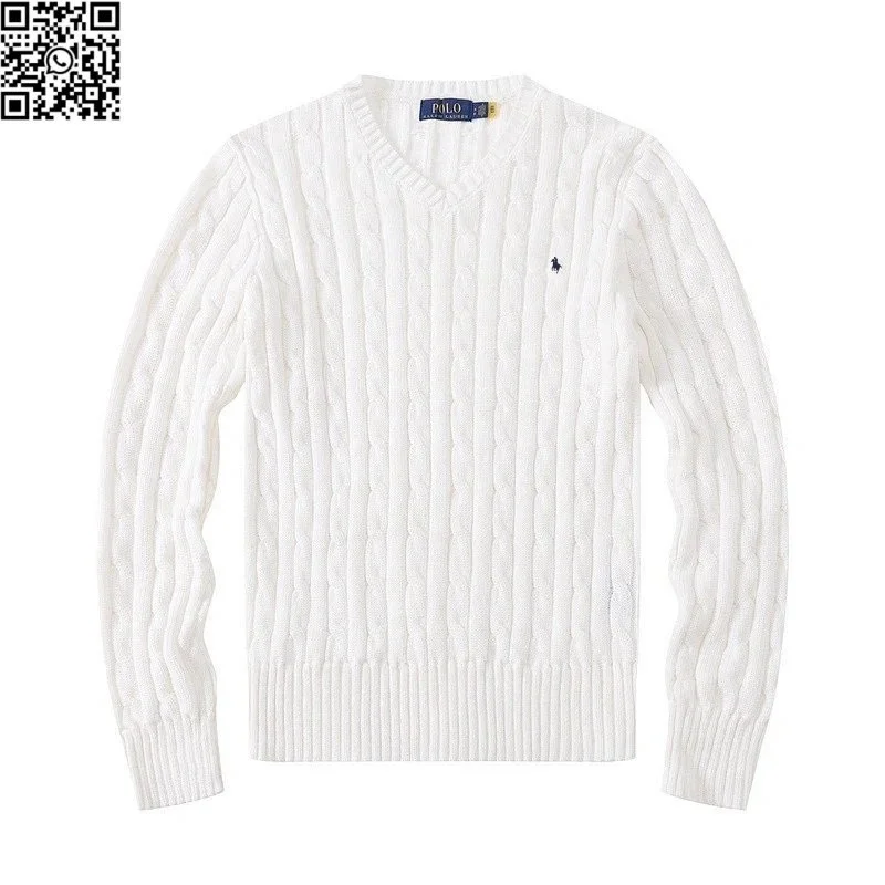 كنزة Polo Ralph Lauren Polo Bear نسائية بيضاء بتريكو مجدول وياقة V