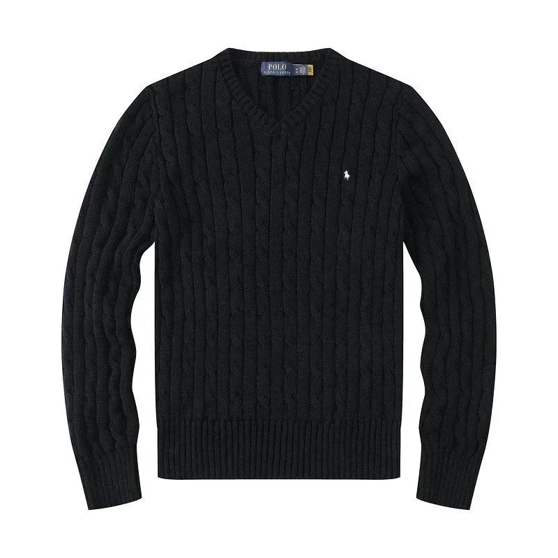 كنزة Polo Ralph Lauren نسائية سوداء بتريكو مجدول وياقة V وشعار كلاسيكي