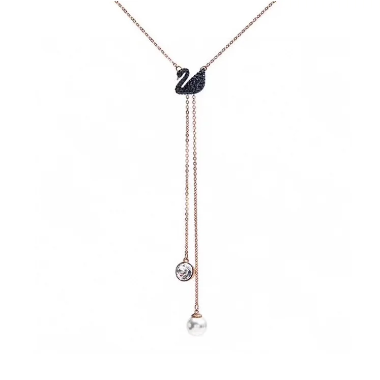 Swarovski Swan Black and Rose Gold Lariat Necklace