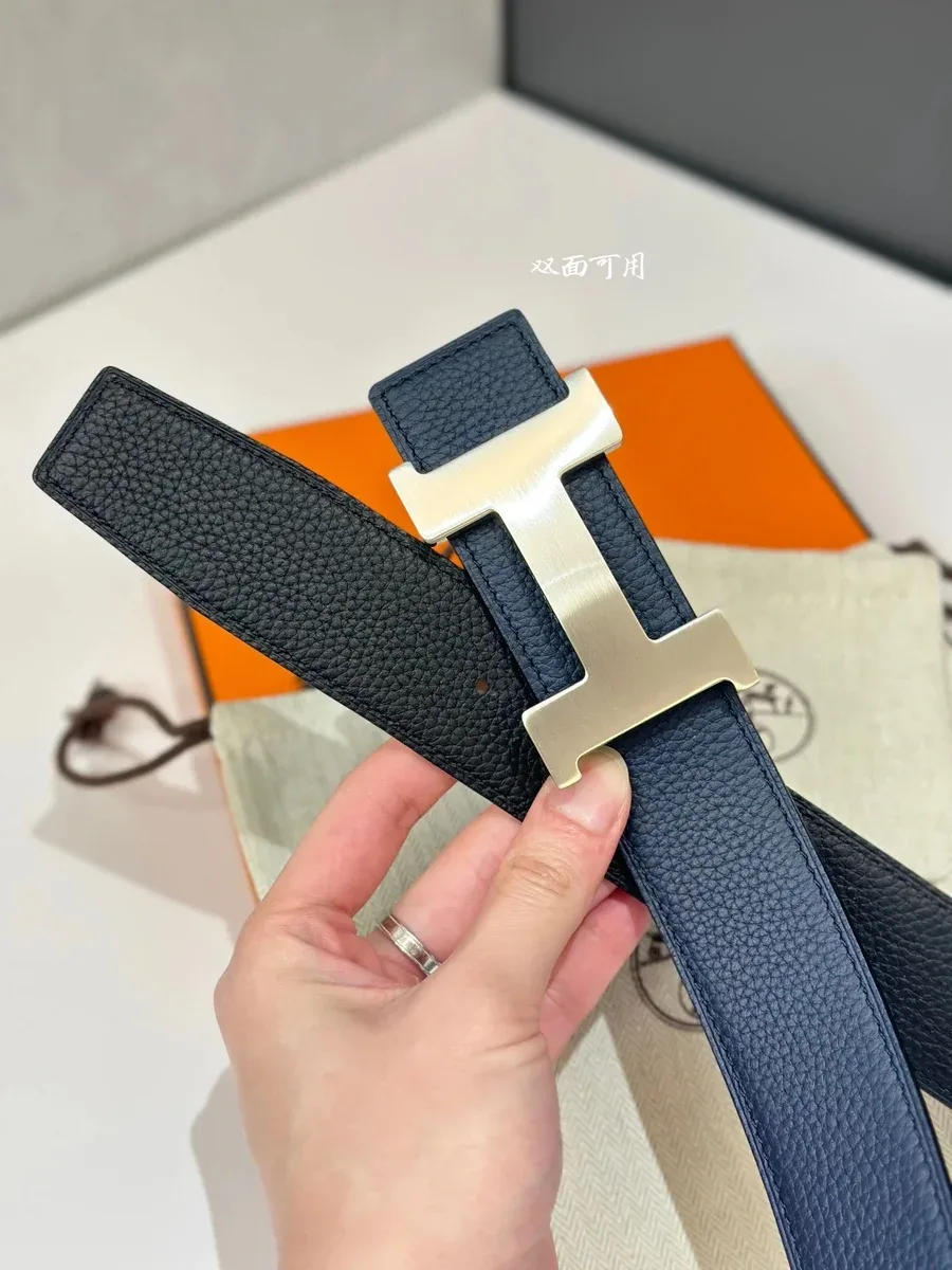 Hermès H Belt Navy/Black Reversible with Brushed Silver Buckle