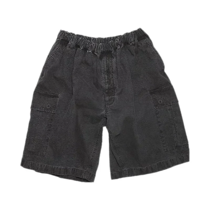 Solid Black Elastic Waist Cargo Shorts