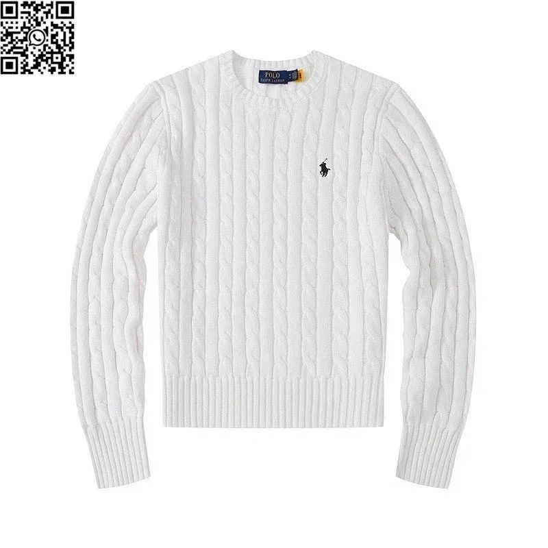 كنزة Polo Ralph Lauren نسائية بيضاء بتريكو مجدول وشعار كلاسيكي
