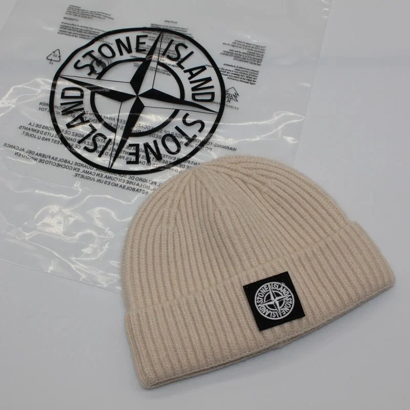 Stone Island Beige Compass Logo Knit Beanie